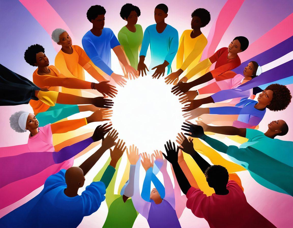 A powerful visual of a diverse group of individuals united in a circle, each holding a symbolic item representing hope, strength, and awareness for cancer. In the background, vibrant ribbons in multiple colors symbolize different cancers, with a sun rising in the distance to represent hope. The scene conveys solidarity and empowerment. super-realistic. vibrant colors. inspirational atmosphere.
