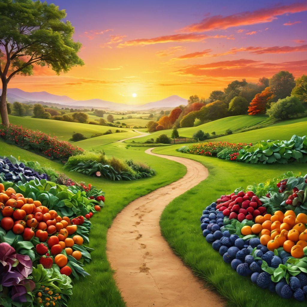 A serene landscape showcasing a vibrant, lush green field symbolizing holistic health, with a winding path leading towards a warm sunrise. Incorporate elements of nutrition with a colorful array of fruits and vegetables artistically arranged along the path. Include soft silhouettes of individuals practicing yoga, embodying strength and unity as they support each other on their cancer journey. The scene conveys hope and resilience, with soothing colors and a peaceful ambiance. super-realistic. vibrant colors. warm tones.