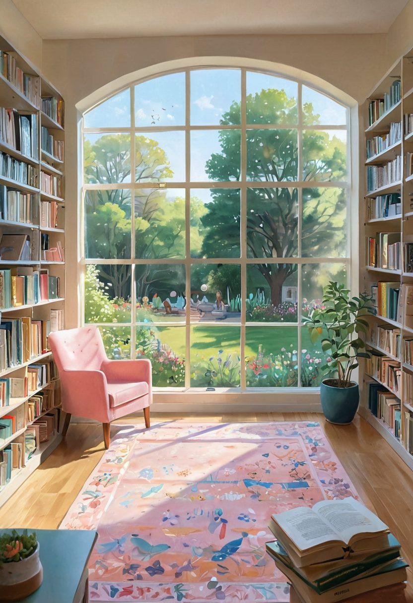 A serene, well-lit library filled with books on oncology, with a large window showcasing a garden outside. In the foreground, a diverse group of survivors shares their stories, with emotions ranging from hope to strength, surrounded by supportive visuals like ribbons and diagrams. Soft pastel colors enhance the atmosphere of empowerment and knowledge. painting. vibrant colors.